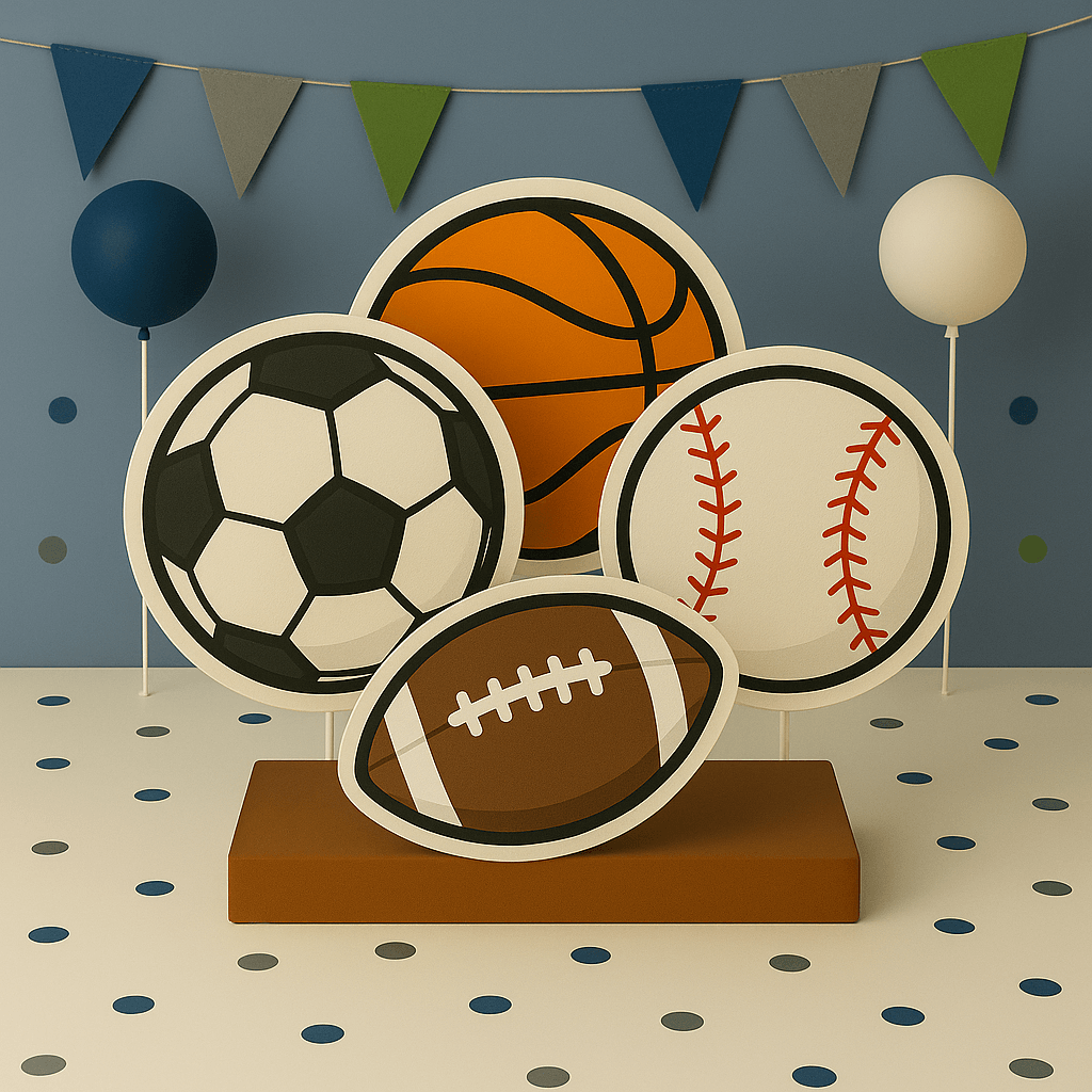 Handmade sports party decorations cutouts and centerpiece for football soccer basketball baseball