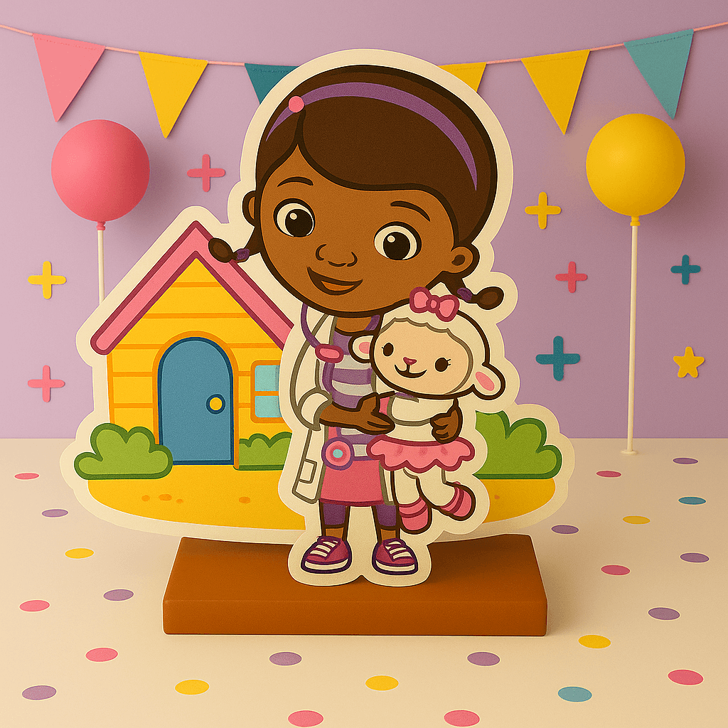 Handmade Doc McStuffins birthday decorations including cake toppers, centerpieces, party supplies, and banners for kids’ parties