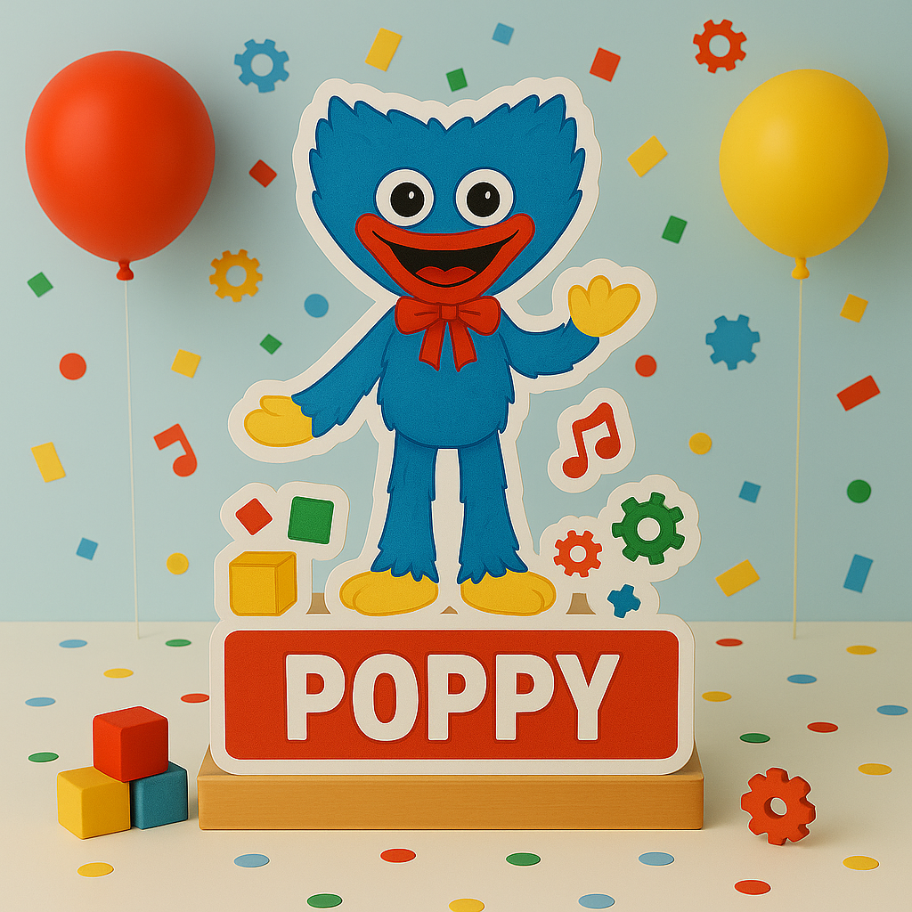 Poppy Playtime Huggy Wuggy birthday decorations with cutouts, cake topper, centerpiece, and balloons
