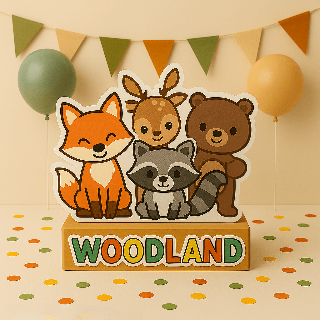 Handmade woodland animal birthday decorations – rustic foam centerpieces, cutouts & cupcake toppers for woodland theme parties