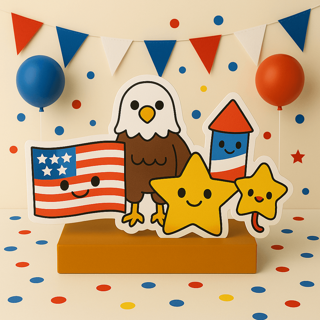 4th of July decorations with patriotic centerpieces, cutouts, and red white and blue party supplies for Independence Day