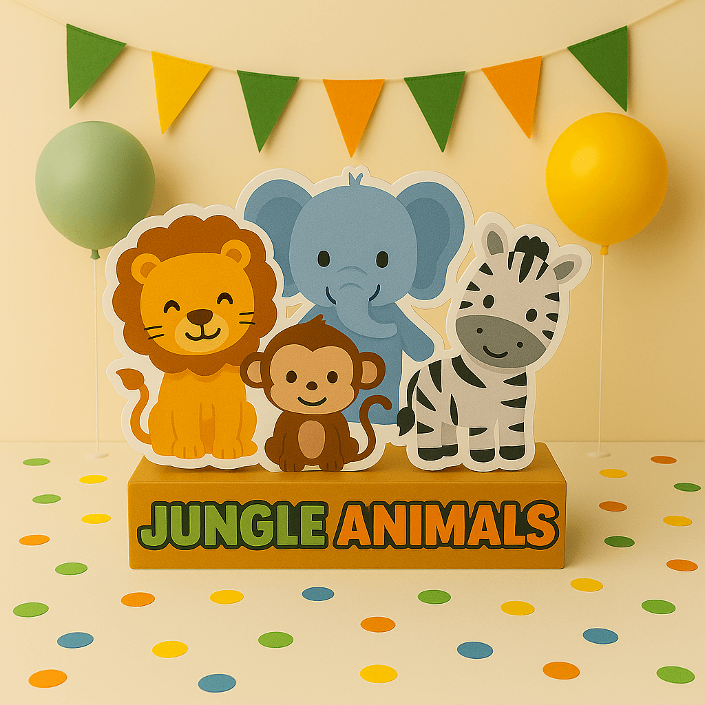 Handmade jungle animal birthday decorations – foam safari centerpieces & cutouts for jungle theme kids party