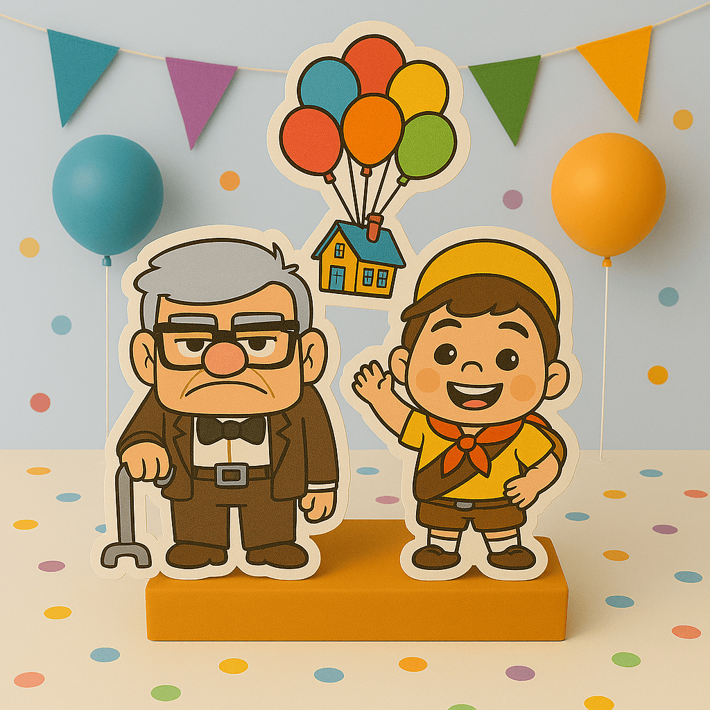 Handmade Up movie birthday decorations with cake toppers, centerpieces, cutouts, and party supplies for kids’ celebrations