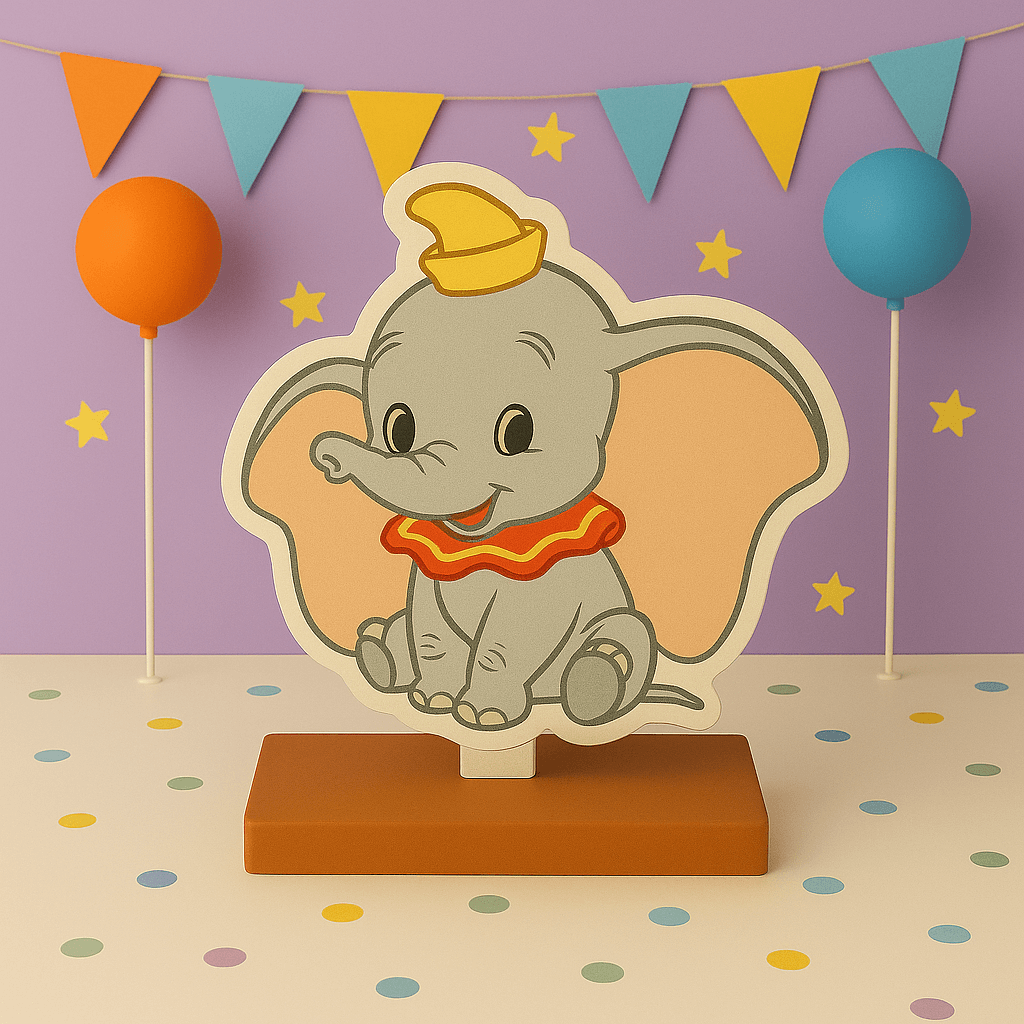 Dumbo party decorations with birthday cutouts, cake toppers and handmade centerpieces