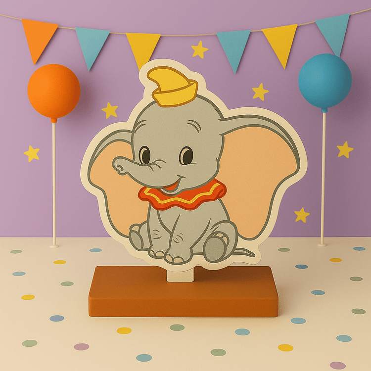 Dumbo party decorations with birthday cutouts, cake toppers and handmade centerpieces