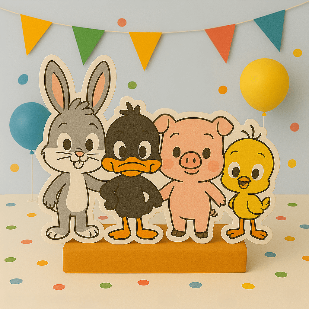 Looney Tunes birthday decorations with Bugs Bunny and Tweety centerpieces, cutouts, and cake toppers for kids’ parties