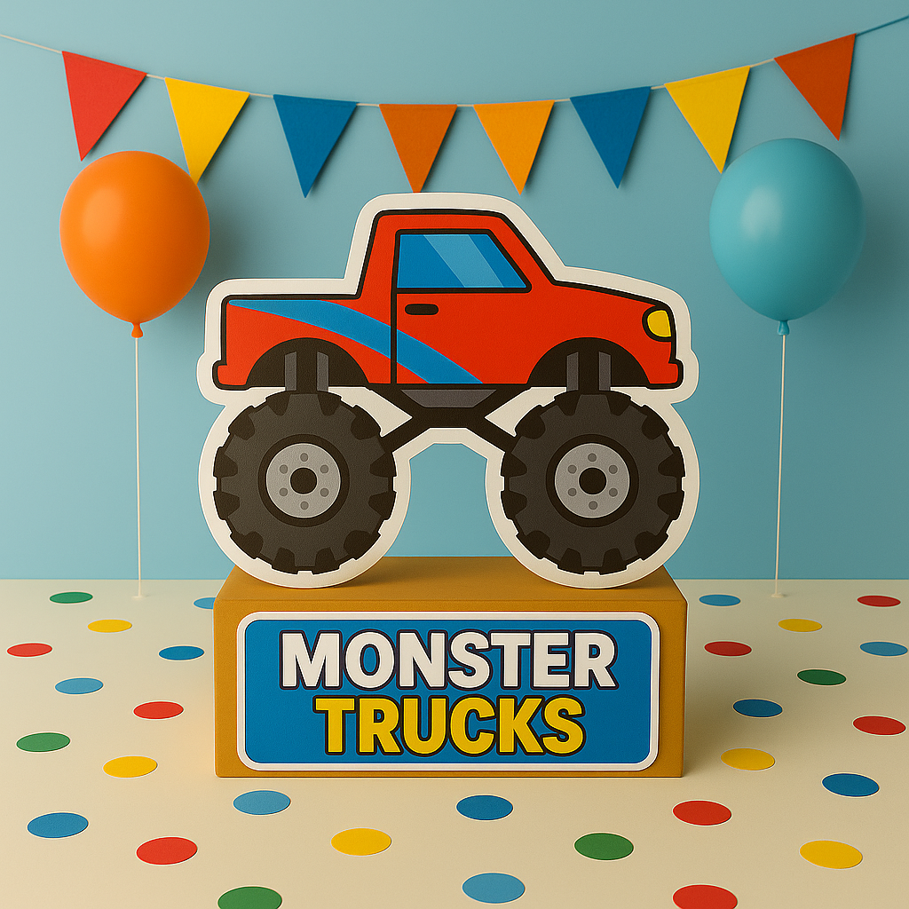 Monster truck birthday decorations handmade centerpieces, cake toppers and party supplies for Monster Jam themed parties