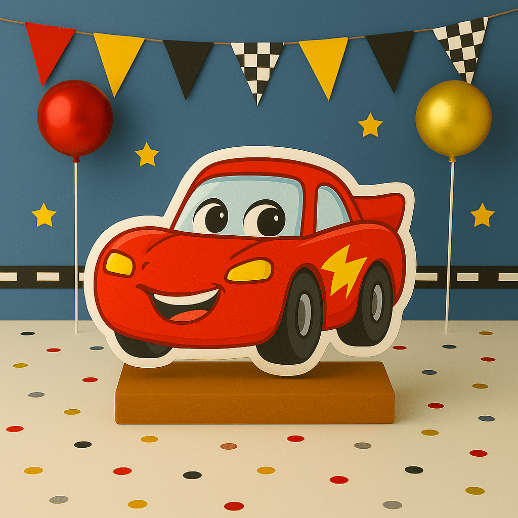 Cars Movie party decorations with Lightning McQueen cutouts, birthday centerpieces and cake toppers