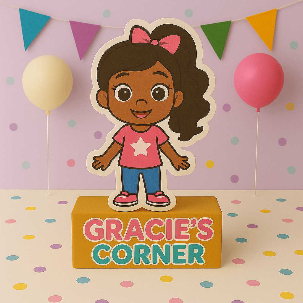 Handmade Gracie’s Corner birthday decorations with cake toppers, centerpieces, balloons, and party supplies for kids’ celebrations