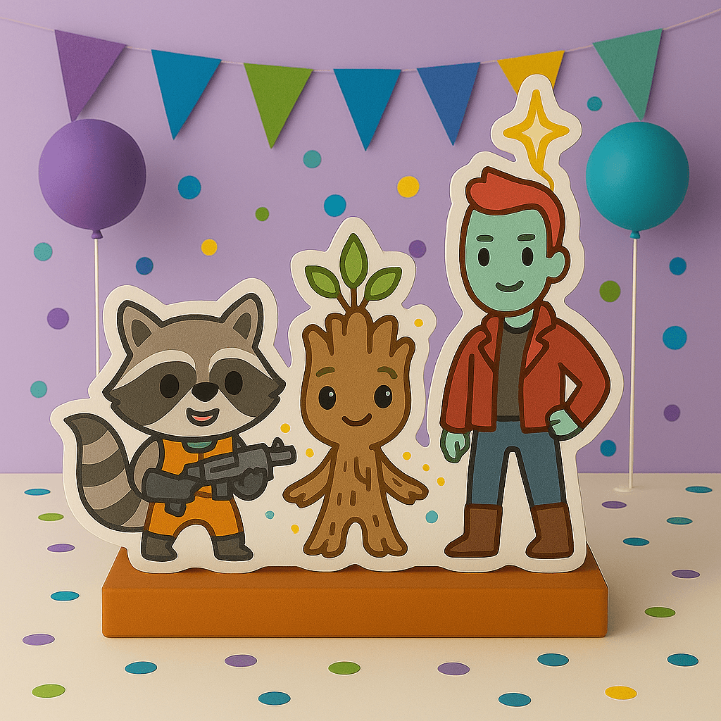 Guardians of the Galaxy birthday decorations with Groot centerpiece and Rocket party supplies