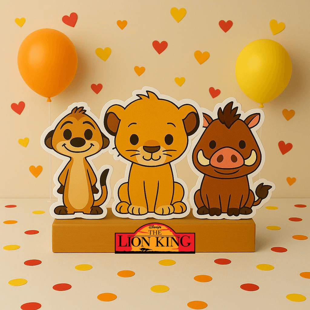 Handmade Lion King cutouts, centerpieces, and cupcake toppers for unique Lion King birthday decorations and 1st birthday parties.