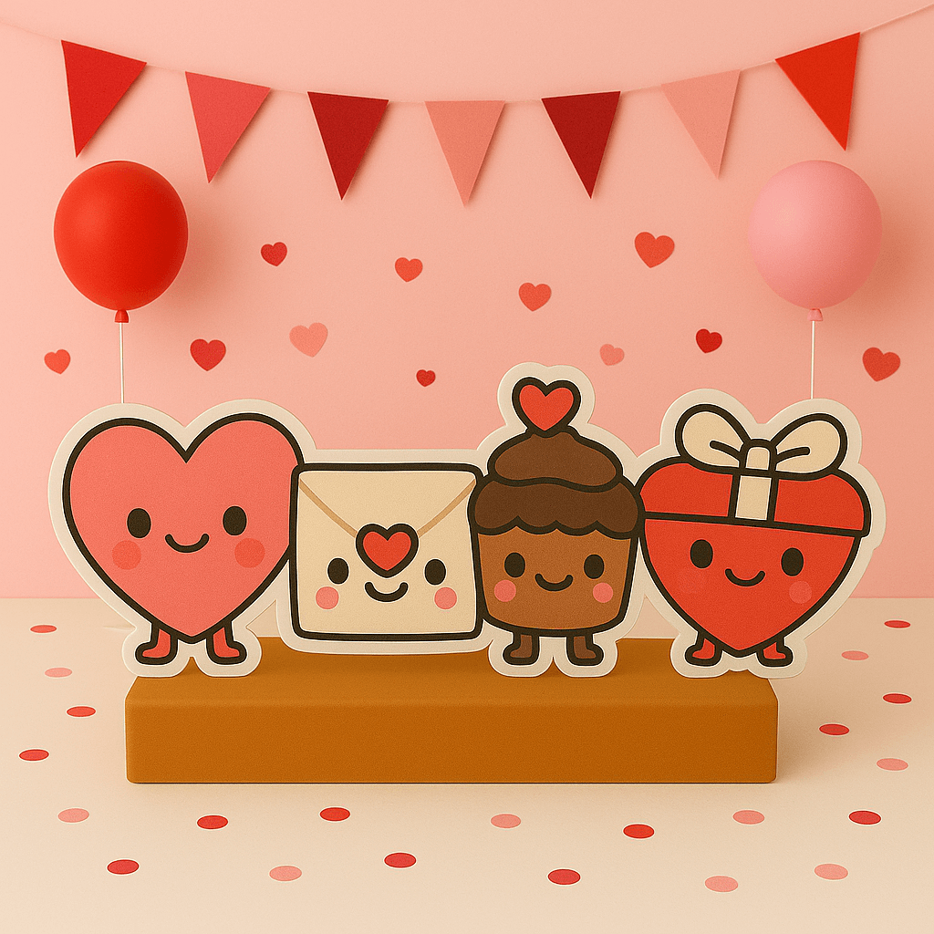 Valentine’s centerpiece and cake topper table decorations in red, pink and gold
