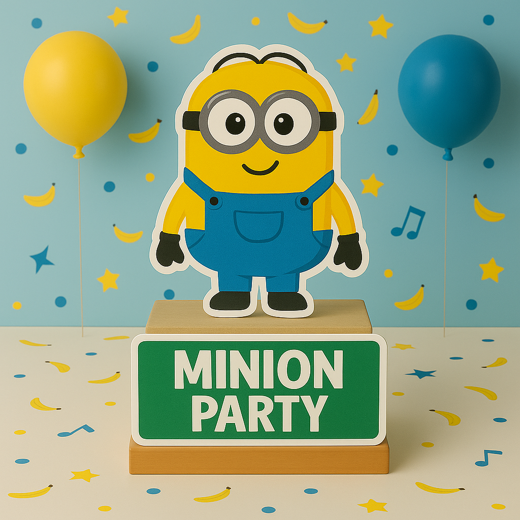 Handmade Minion birthday decorations with cutouts, centerpieces, cake topper, balloons, and party supplies