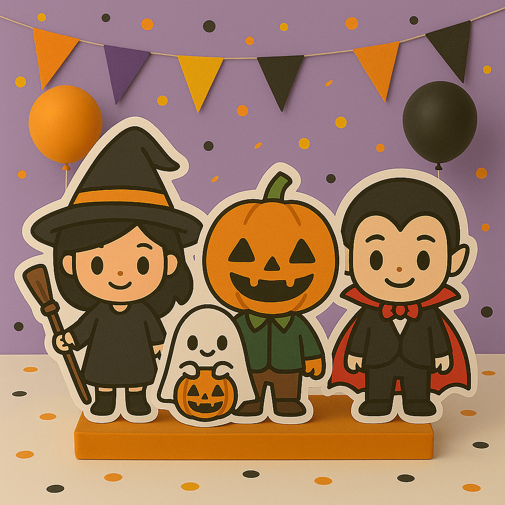 Halloween decorations with handmade centerpieces, cake toppers, balloons and party supplies for spooky celebrations