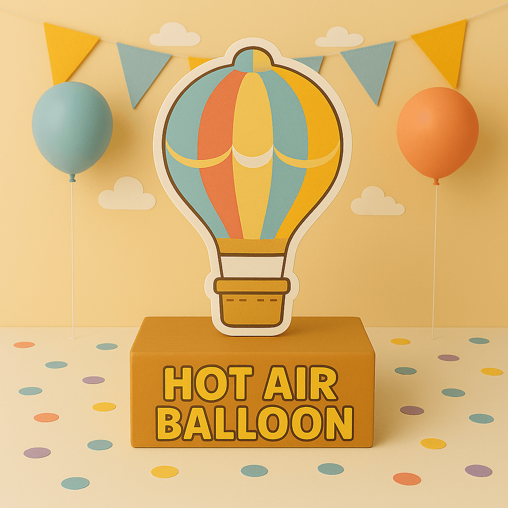 Handmade hot air balloon centerpieces, cutouts, and table decorations for a hot air balloon birthday theme or baby shower party.