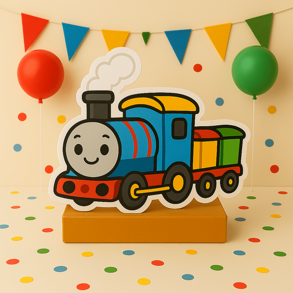 Thomas the Train birthday centerpiece with cake topper and cutouts