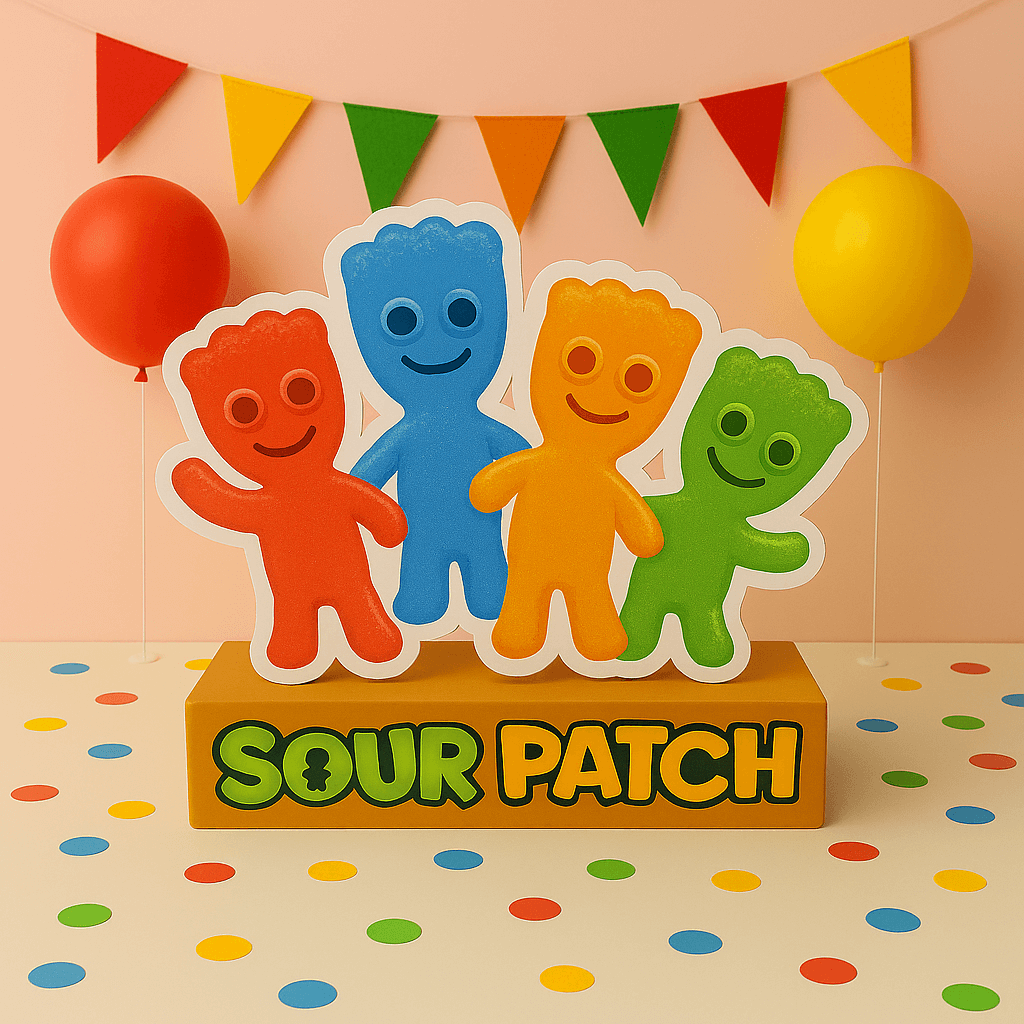 Handmade Sour Patch birthday decorations – colorful foam cutouts, centerpieces, & cupcake toppers for candy party theme