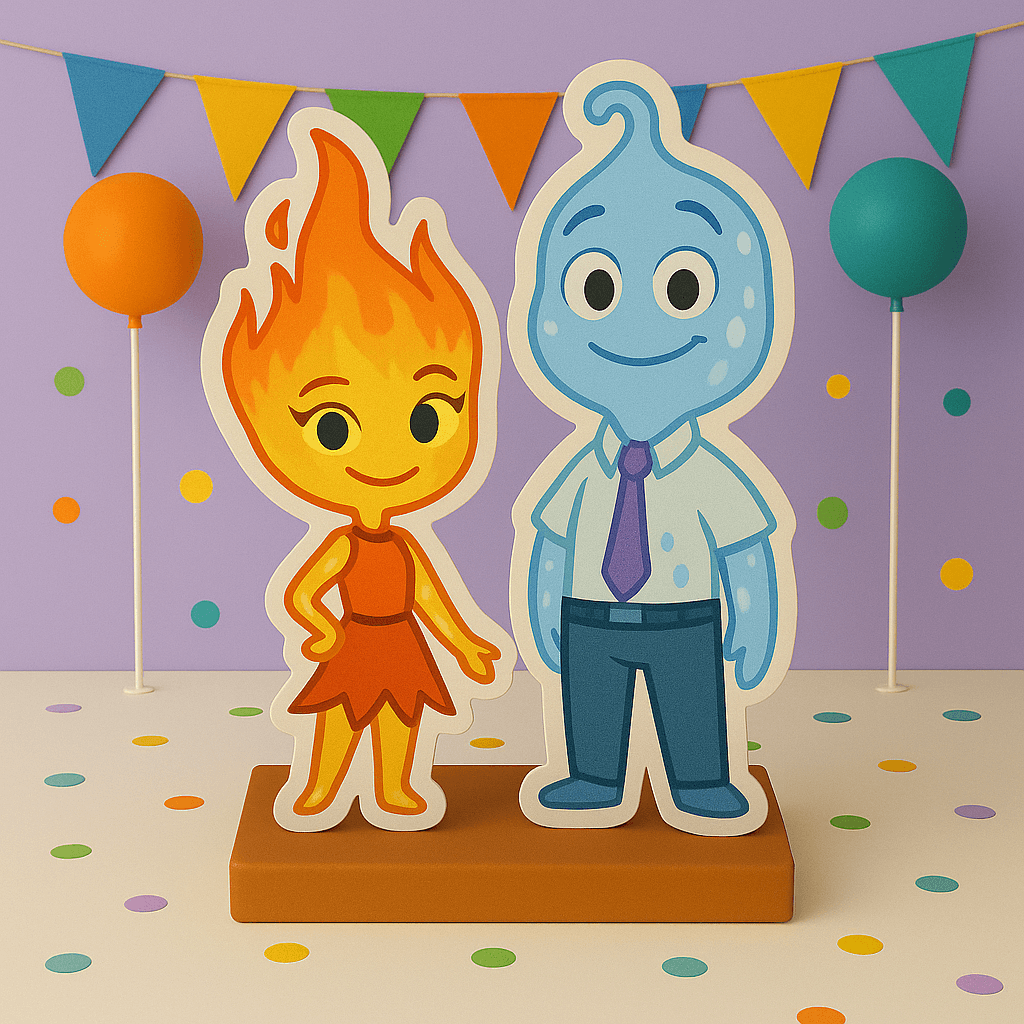 Elemental Movie party decorations with foam cutouts, cake toppers and birthday centerpieces