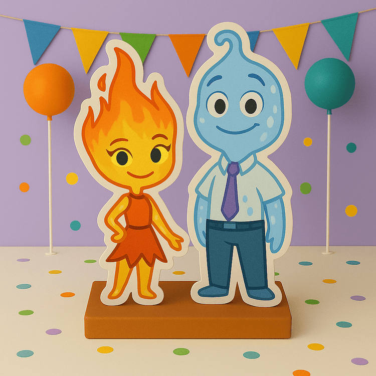 Elemental Movie party decorations with foam cutouts, cake toppers and birthday centerpieces