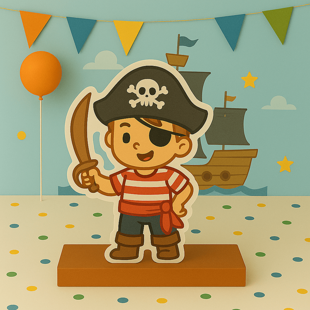 Handmade pirate birthday centerpiece with ship, treasure chest, and map for themed party