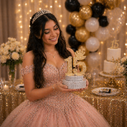 Quinceañera Centerpiece – Gold Crown 15 Sweet 15 Table Decoration