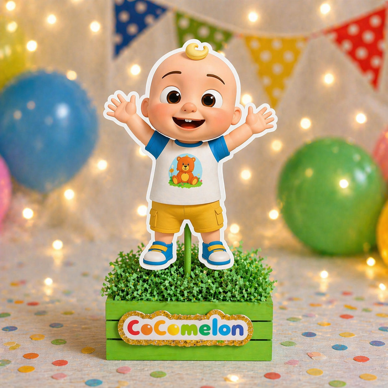 JJ Cocomelon centerpiece character on blue base for kids party table decoration