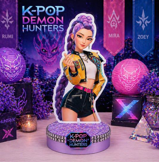 Rumi Kpop demon hunters centerpiece birthday party decoration purple character table decor


