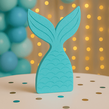 Aqua mermaid tail centerpiece hand-painted with delicate line details for ocean-themed baby shower décor