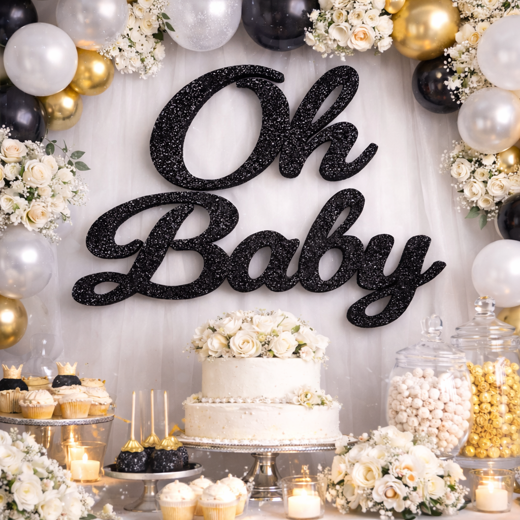 black glitter oh baby sign for baby shower decorations foam backdrop wall decor