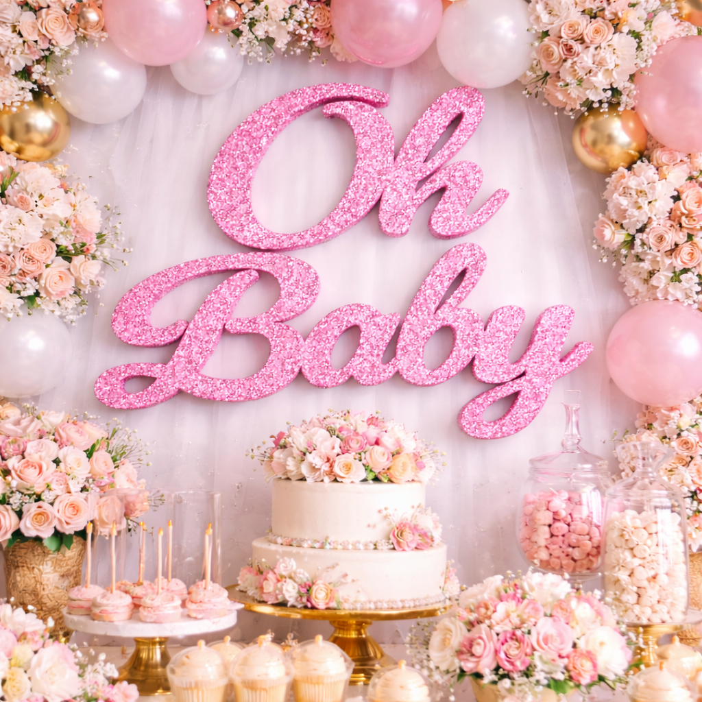 pink glitter oh baby sign for baby shower decorations foam backdrop wall decor

