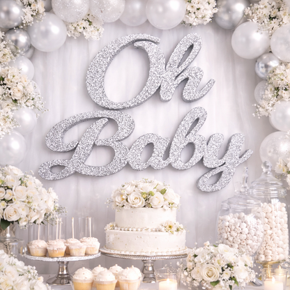 silver glitter oh baby sign for baby shower decorations foam backdrop wall decor