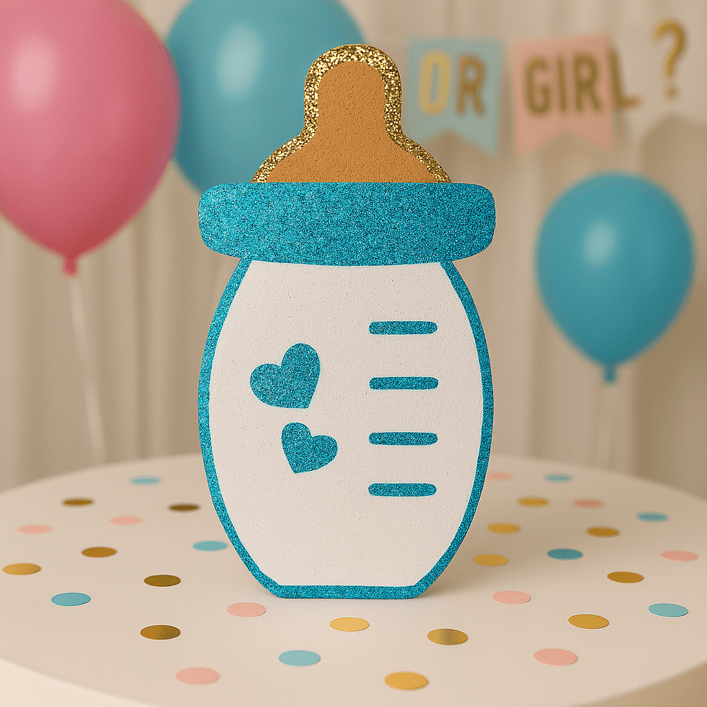 Blue glitter baby bottle centerpiece handmade baby shower decoration for gender reveal or party table