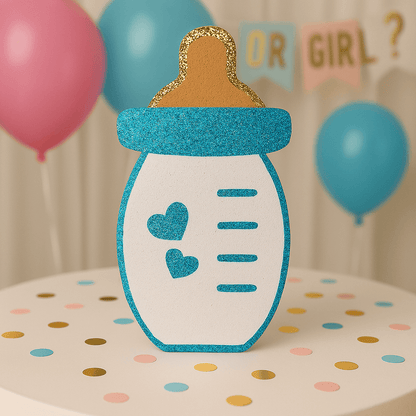 Blue glitter baby bottle centerpiece handmade baby shower decoration for gender reveal or party table