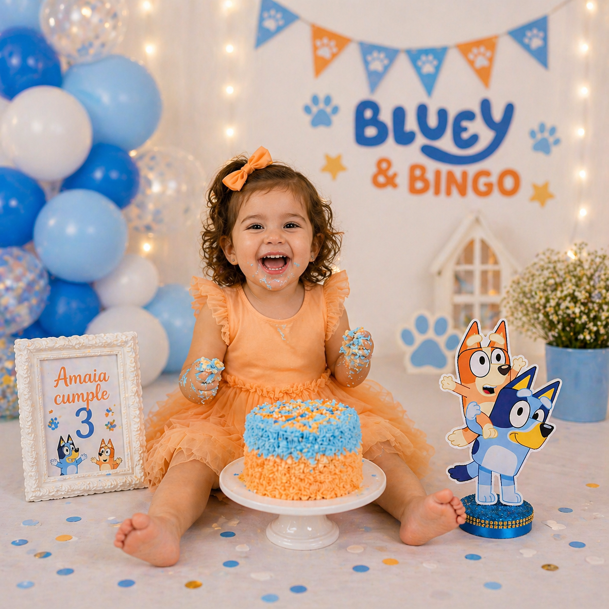 bluey and bingo centerpieces in toddler birthday cake smash setup