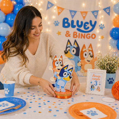 bluey and bingo centerpieces being placed on birthday party table by mom