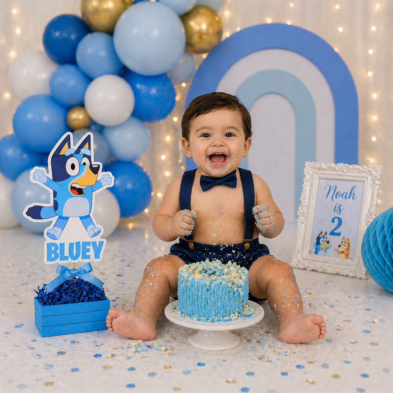 bluey centerpieces birthday with toddler cake smash party setup