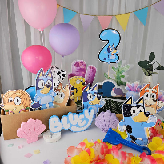 Bluey birthday centerpieces made of foam that stand alone for party tables.