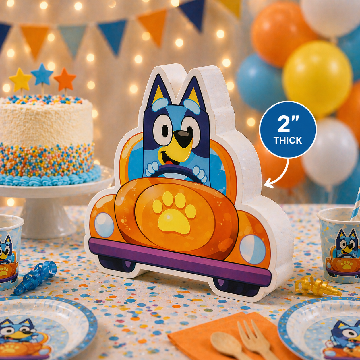 Bluey car birthday centerpiece placed on decorated party table with balloons and kids theme setup

