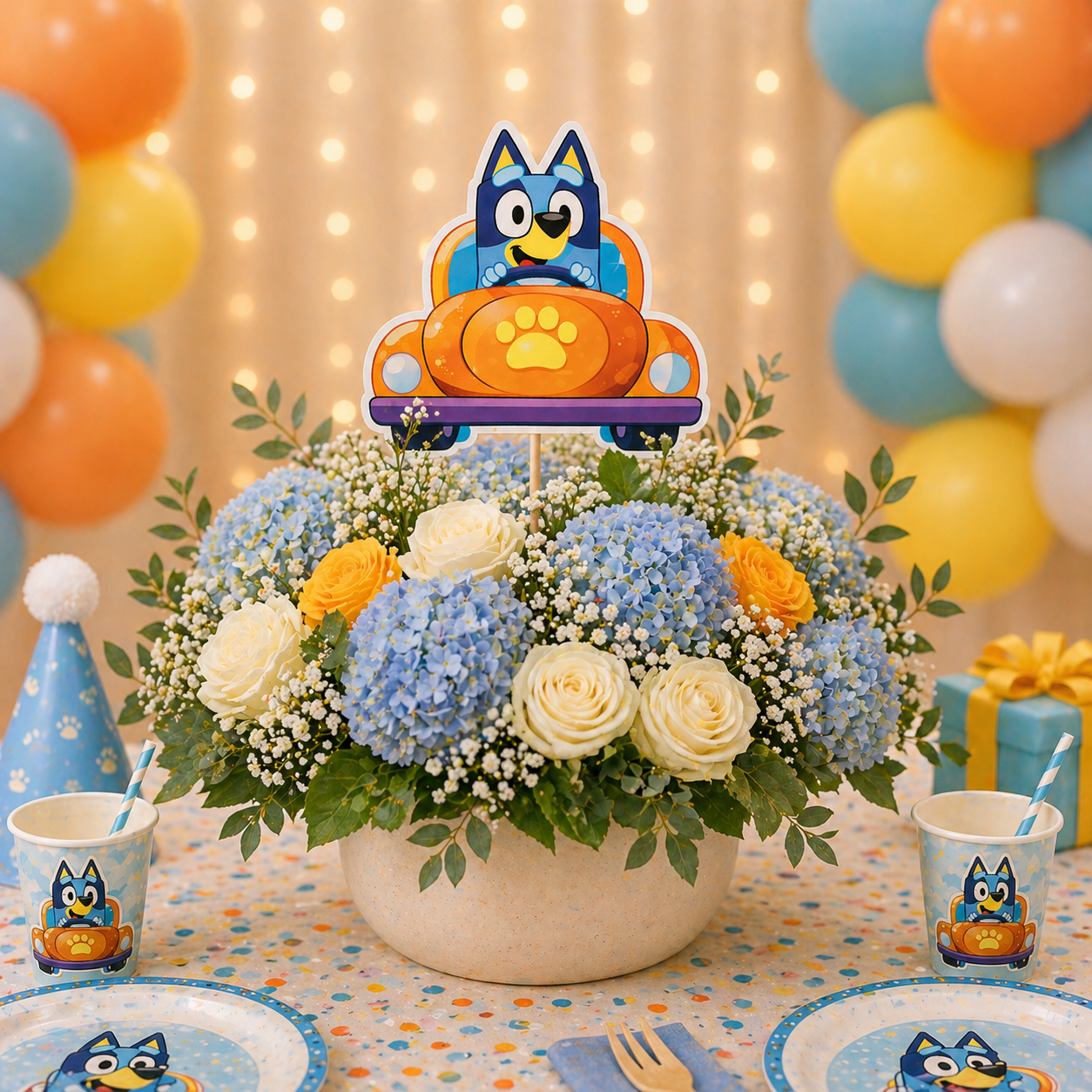 Bluey car centerpiece displayed on kids birthday party table with themed decoration setup

