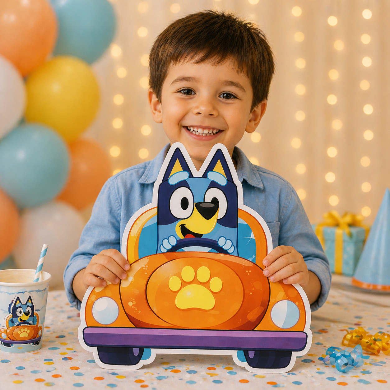 Bluey car cutout centerpiece used as kids birthday party table decoration

