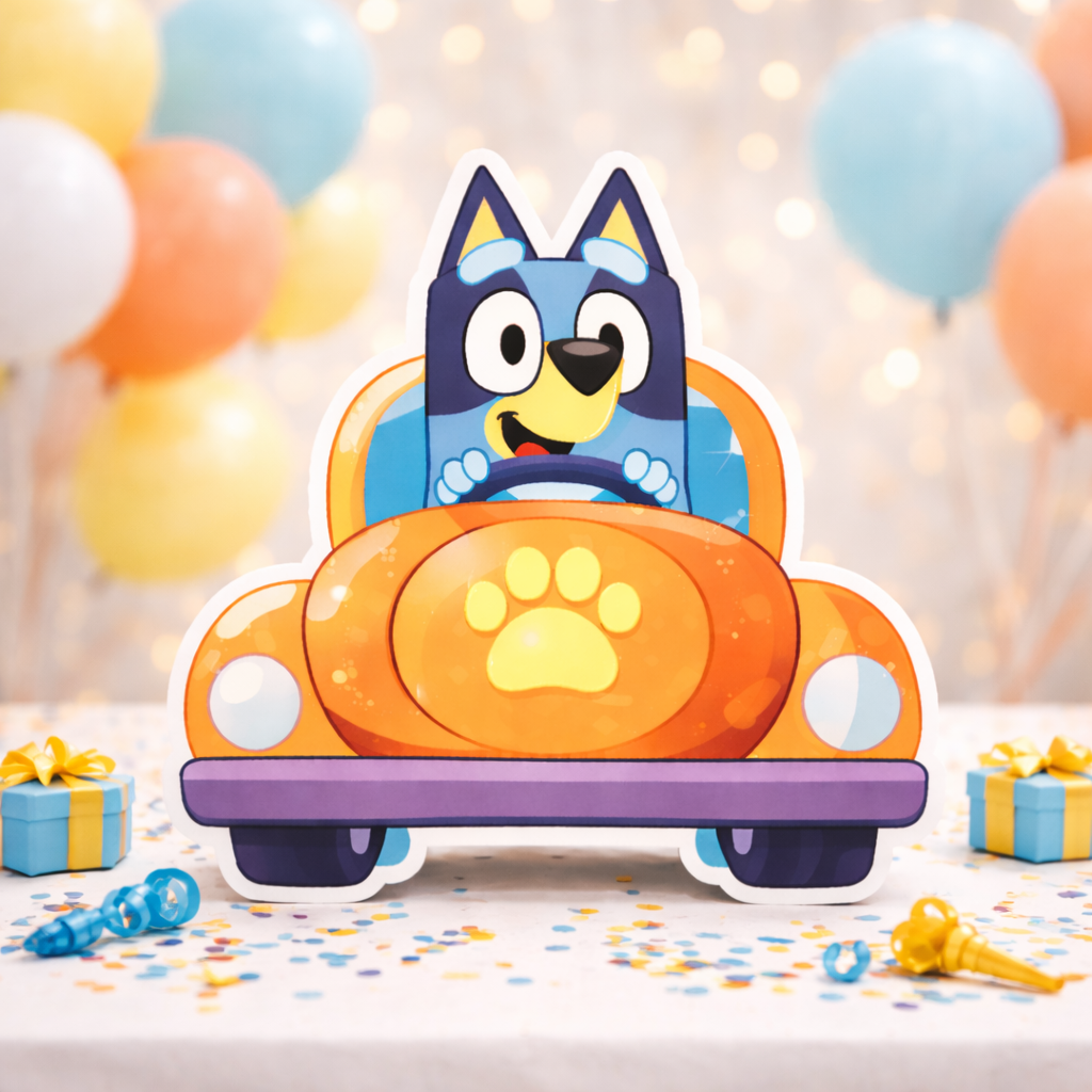 Bluey car stand up centerpiece made from foam for bluey birthday decorations

