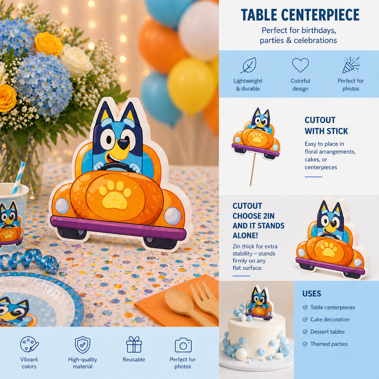Bluey family car centerpiece displayed on kids birthday party table with themed decoration

