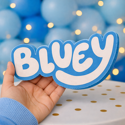 Blue foam Bluey name cutout for Bluey party decorations, perfect for birthday table centerpieces

