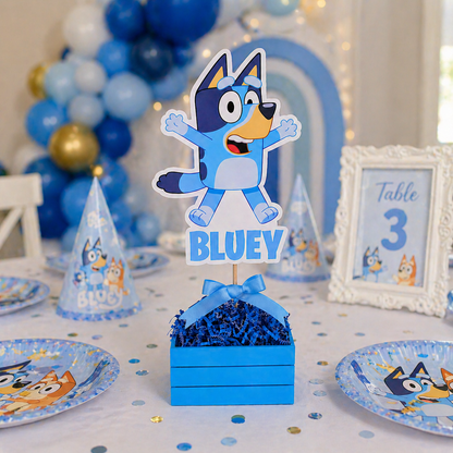 bluey centerpieces on decorated birthday party table setup