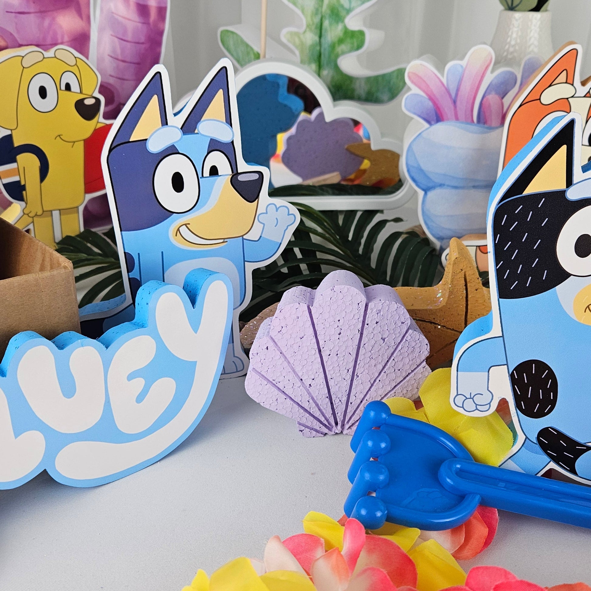 Bluey foam cutouts for table decorations and party centerpieces.