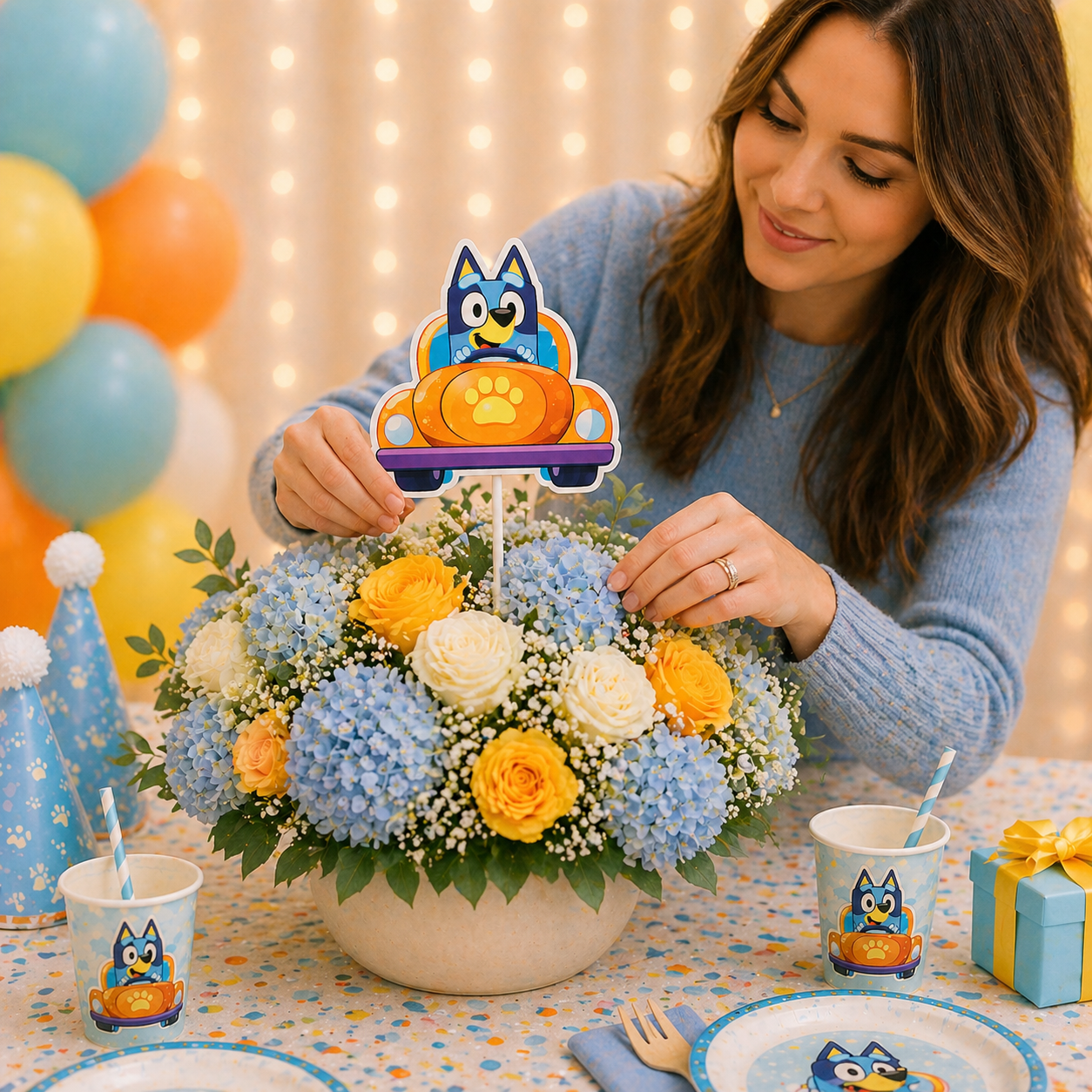 Bluey vehicle centerpiece cutout displayed on kids birthday table with colorful party decoration


