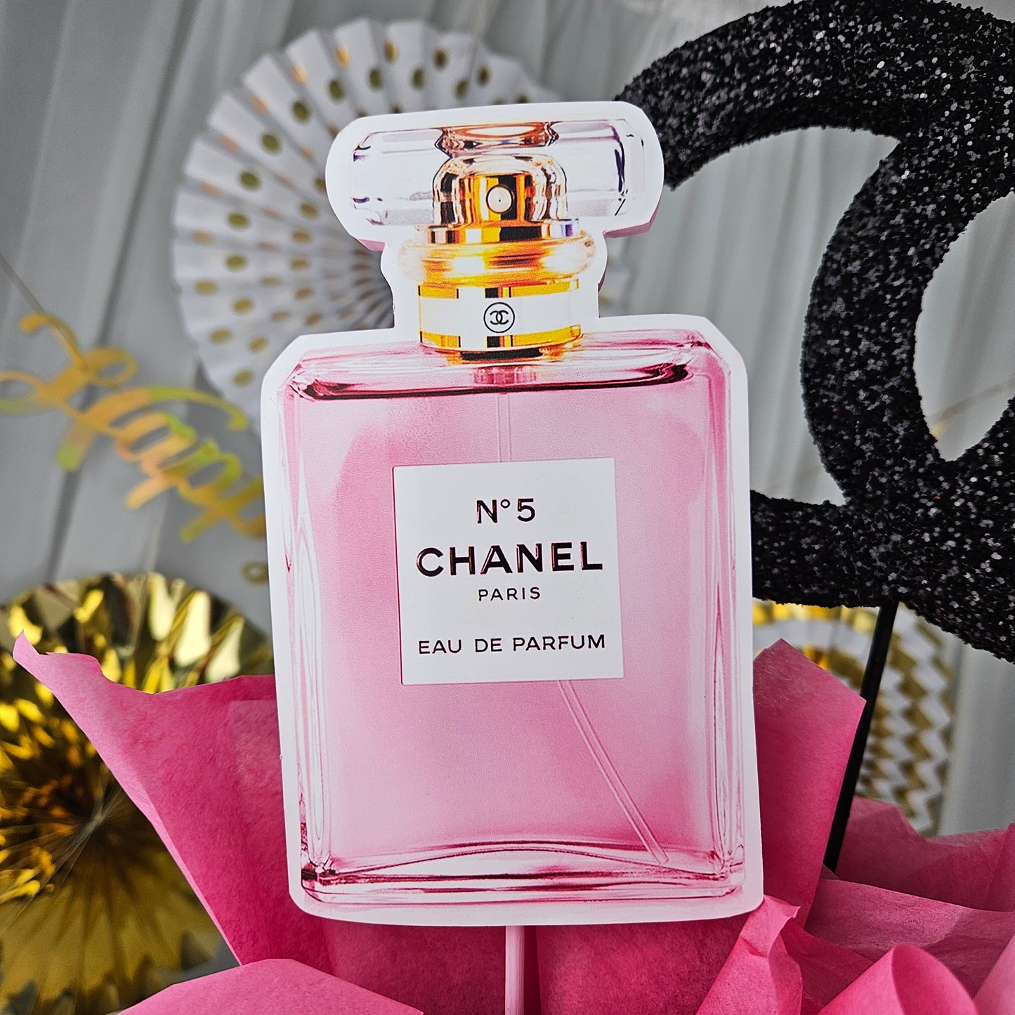 Fashion themed toppers on Chanel inspired gift box centerpiece for glam party decor