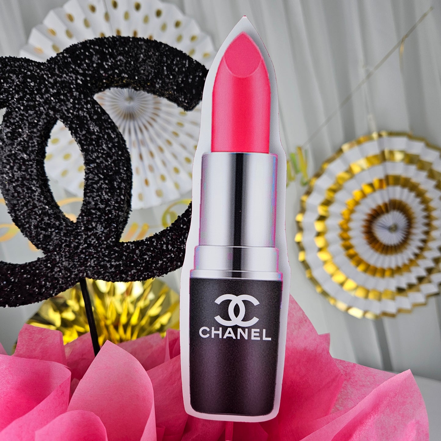 Chanel inspired logo detail on luxury gift box centerpiece for birthday party
