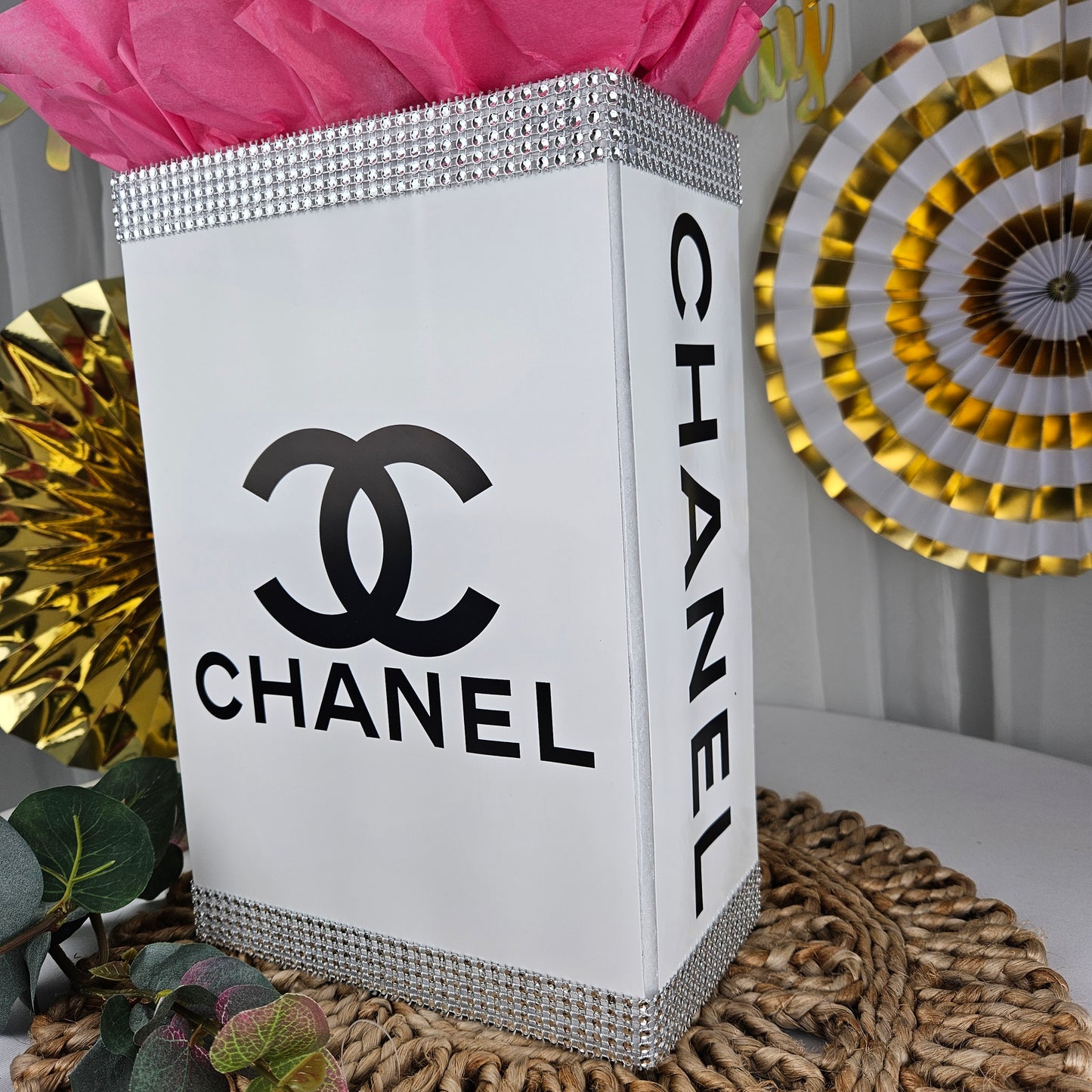Chanel inspired gift box centerpiece for sweet 16 glam birthday decorations