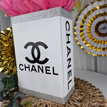 Chanel inspired gift box centerpiece for sweet 16 glam birthday decorations